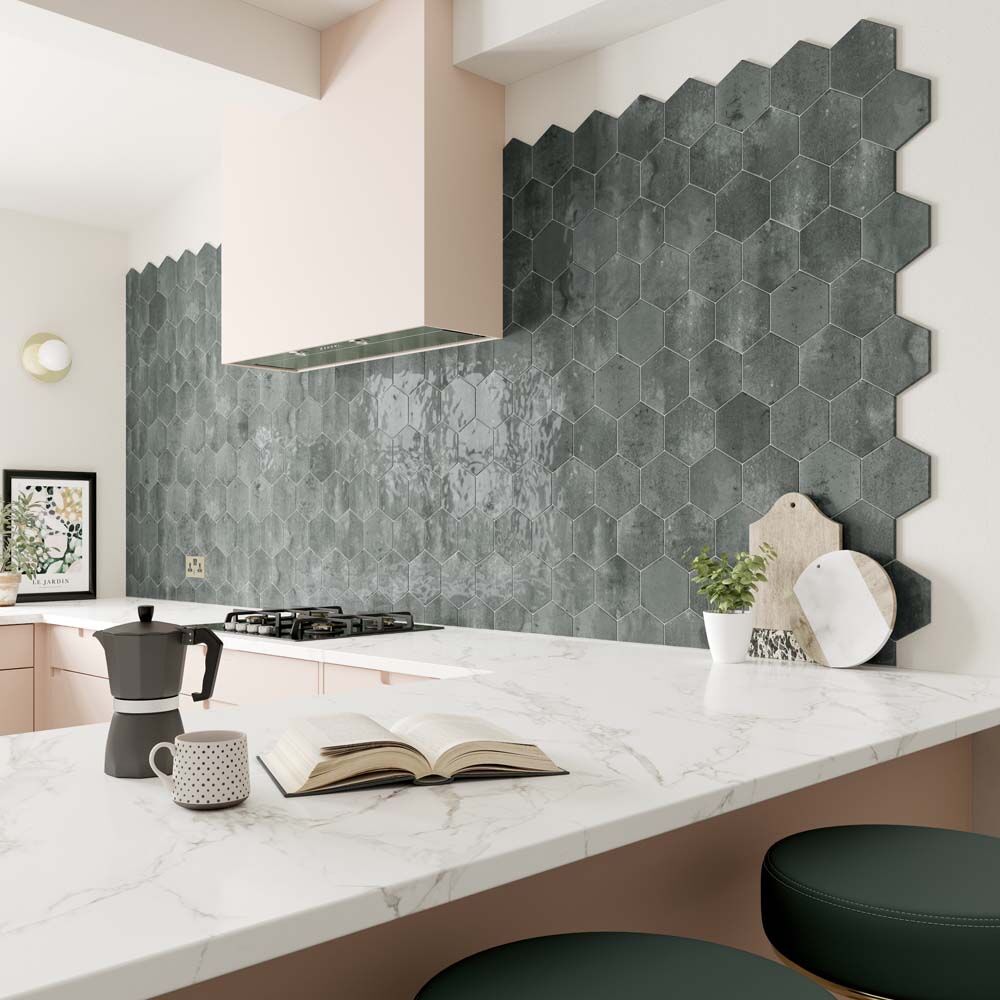 Hope Green Hexagon Gloss Ceramic Wall Tiles 15x17.3cm