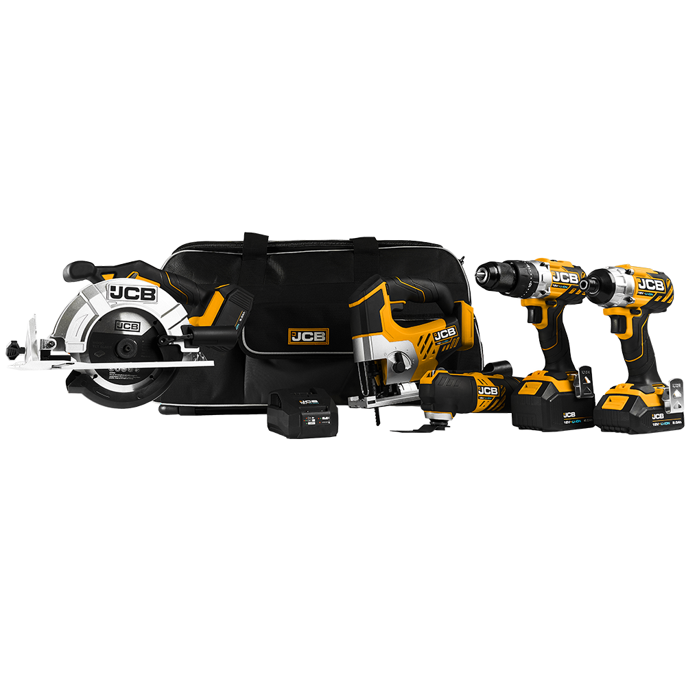 JCB 18V Cordless Power Tool Kit, Combi Drill, Impact Driver, Multi-tool, Jigsaw, 2 x 4.0Ah, 1x 2.0Ah Batteries, Charger & Bag | JCB-185PK-V1