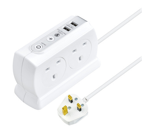 4 Socket 2M H05Vv-F 3G1 25 Switched Compact Surge Extension Lead + Usb (2 Port 3.1A) Gloss White - Mp (Uk) SRGDSU42PW-MP