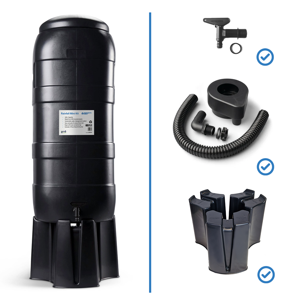 100L Slimline Black Rainfall Mini Water Butt Kit – Space Saving Rainwater Water Butt Complete Kit Recycled Plastic Water Butts Direct