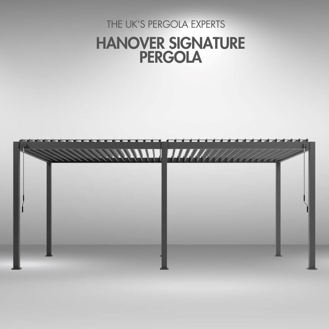 Hanover Signature 6M x 3M Bioclimatic Aluminium Pergola in Anthracite Grey – Manual Louvred Roof, Inbuilt Water Drainage System & 15-Year Warranty