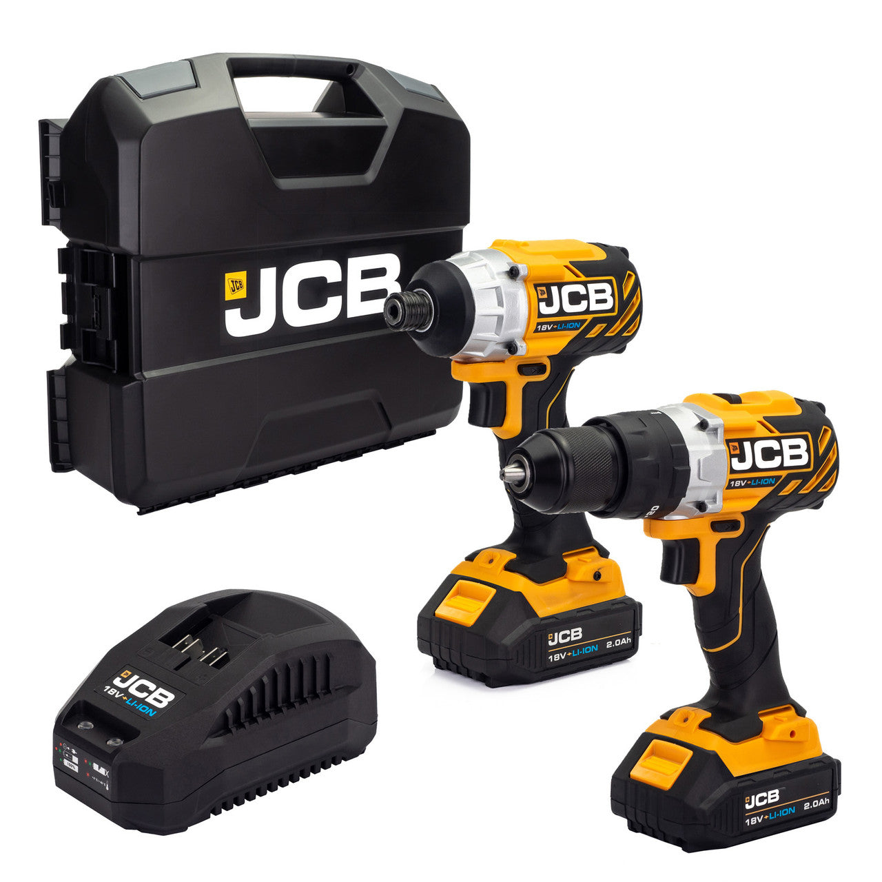 JCB 18V Cordless Impact Driver & Combi Drill Twinpack Brushless Kit, 2.0Ah Li-Ion Battery, Charger and W-Boxx 136 | 21-18BL-TPK-2