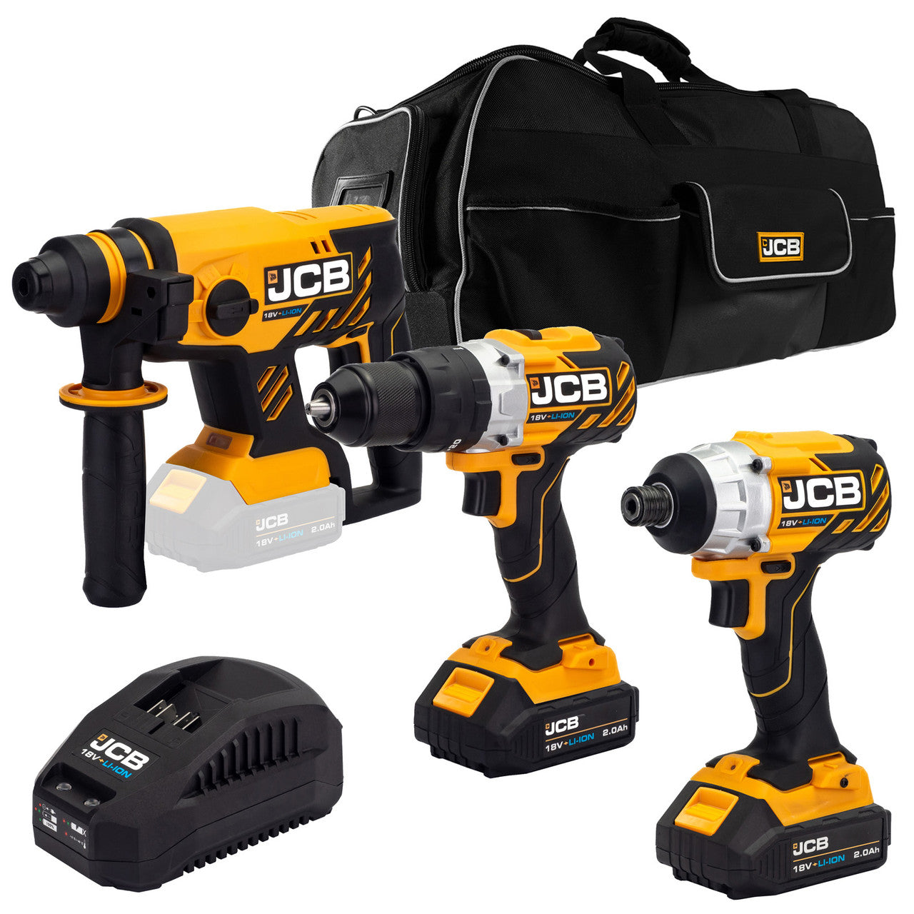 JCB 18V Brushless Combi Drill, Impact Driver & Hammer Drill Kit, 2 x 2Ah Li-Ion Batteries, Charger and 26'' Kit Bag | 21-18BL3PK-2