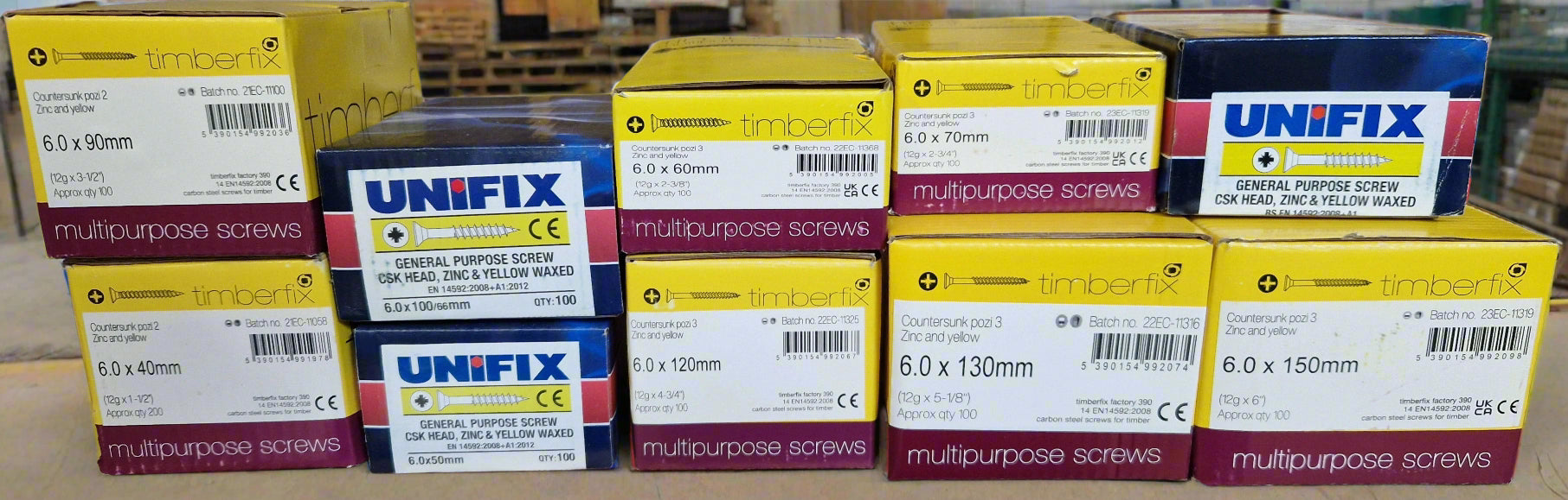 Assorted Yellow Wood Screws, Mix of 10 Boxes (Set 3)
