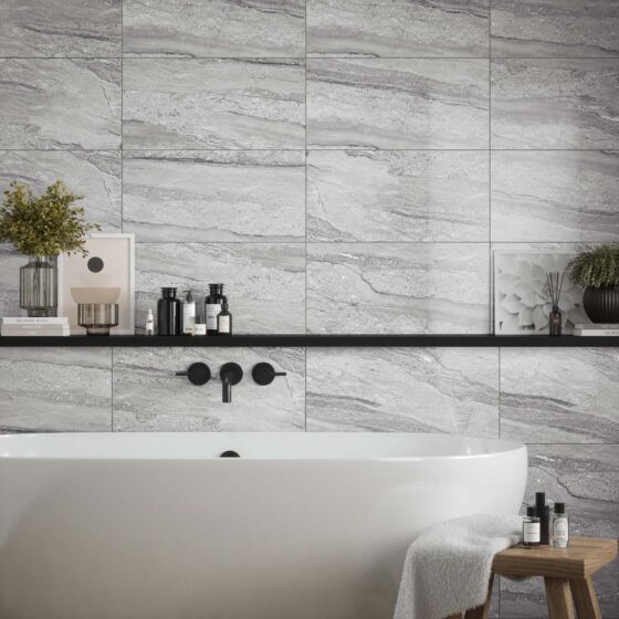 Laurent Grey Gloss Ceramic Marble Effect Tile 30x60cm