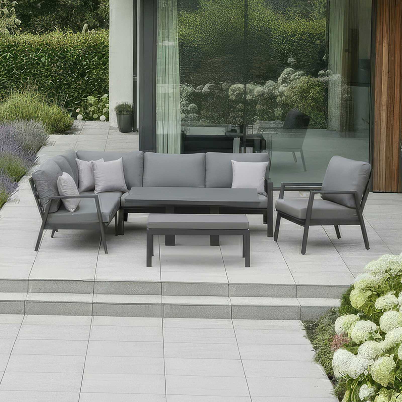 Nova - Phoenix L-Shaped Corner Sofa Lounge Dining Set with Arm Chair, Double Bench & Rectangular Rising Table - Grey