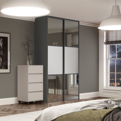 Spacepro Grey MFC and Glass Classic Graphite Frame Mirror Panel Sliding Doors, Size: 1489x2260mm