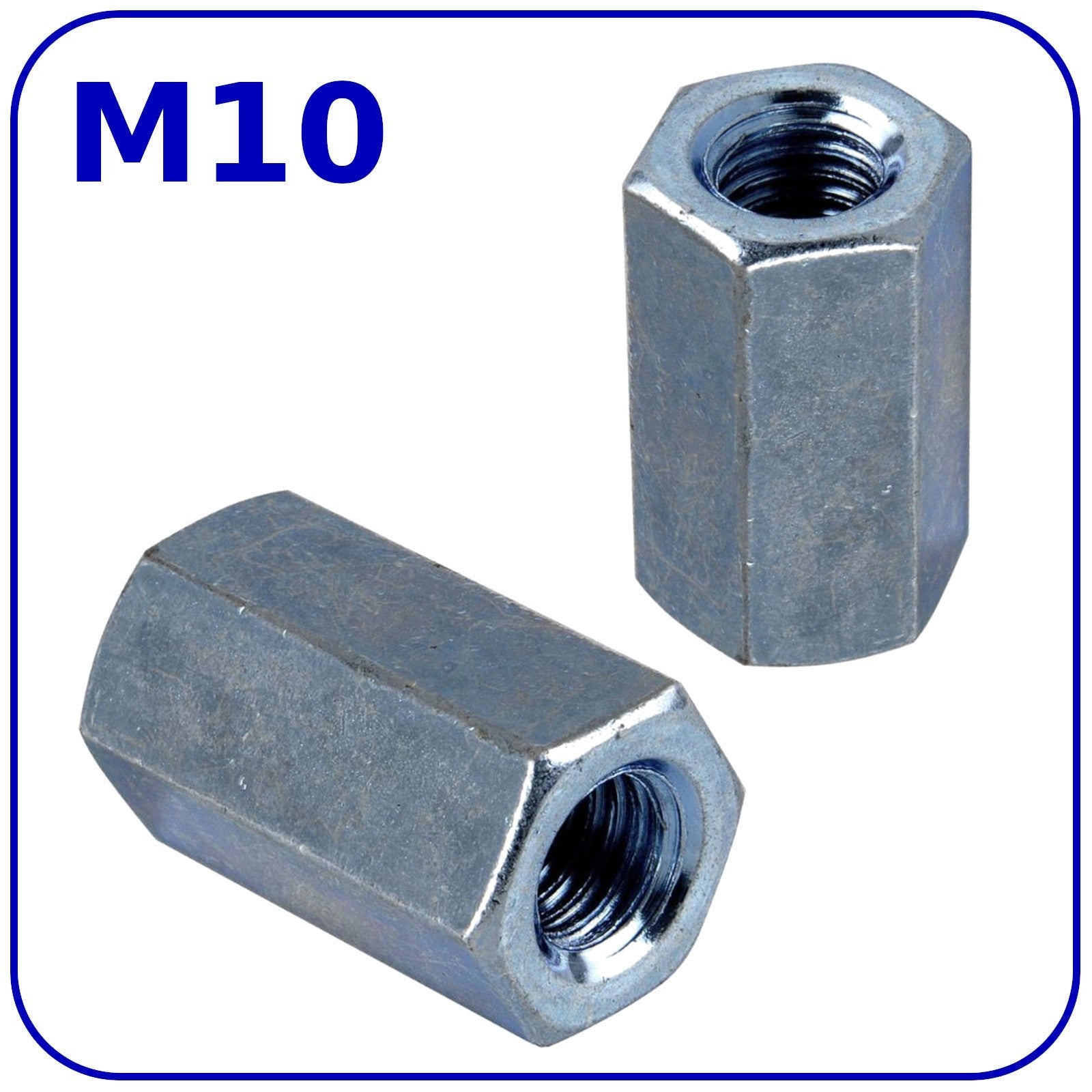 M10 Long Coupling Nuts Hex Threaded Rod Stud Connector Zinc Plated DIN 6334
