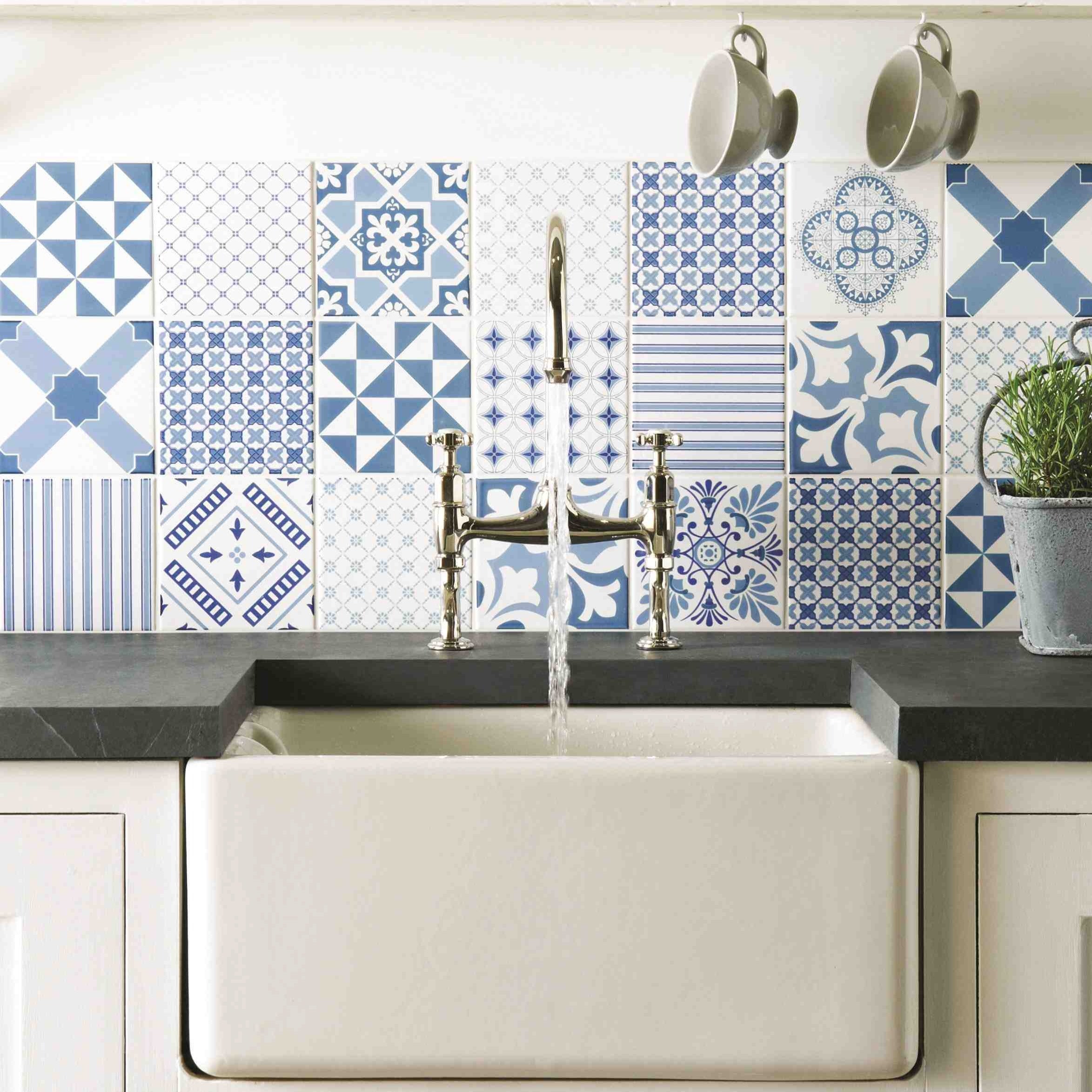 Original Style Odyssey Blue Tapestry Set-12 on Brilliant White Tile 30x90cm