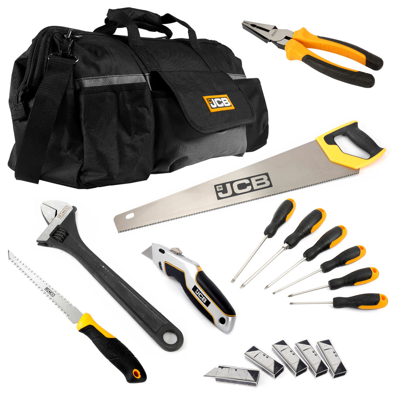 JCB Hand Tool Set, Saws, Screwdrivers, Pliers, Wrench and Knife in 20" Kit Bag | JCB-HTSET-COMP