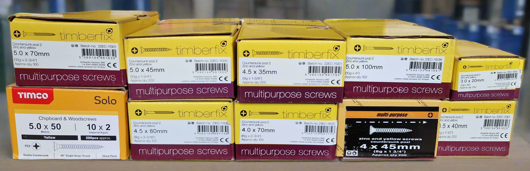 Assorted Yellow Wood Screws, Mix of 10 Boxes (Set 9)