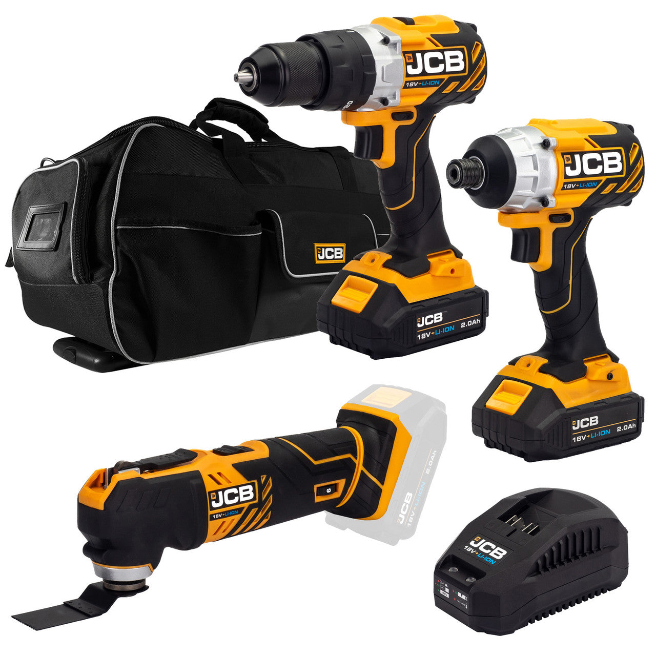 JCB 18V Cordless Combi Drill, Impact Driver & Multi Tool Kit, 2xAh Li-Ion Batteries , charger in 26" kit bag | 21-18TPKMT-2