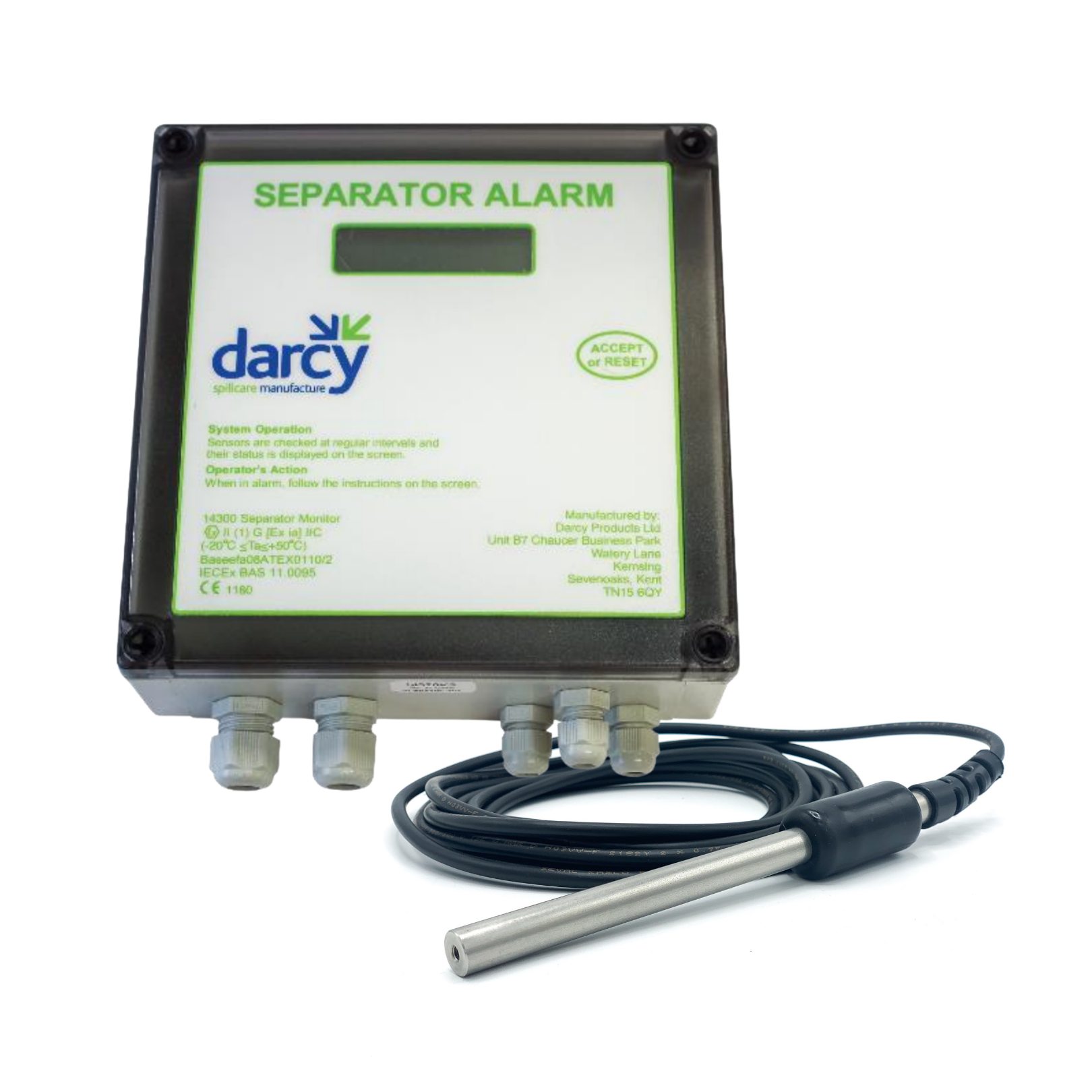 Darcy Complete IP65 Mains Oil Separator Alarm with 12mm High Oil Probe | PP/14320/PD/SET