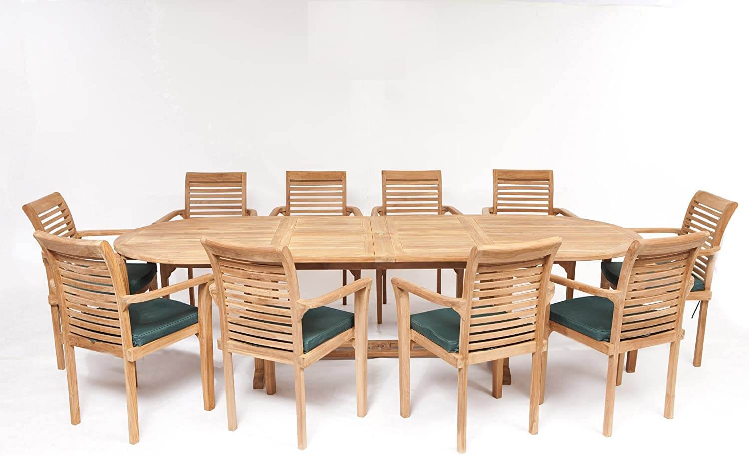 Hanover 10 Seater Oval Teak Dining Set with Stacking Chairs & Cushions