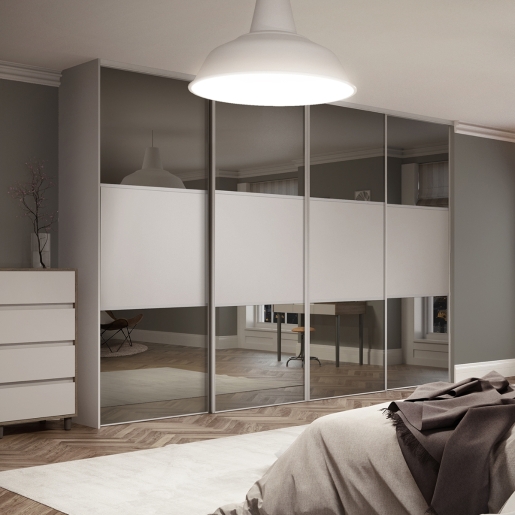 Spacepro Beige MFC and Glass Classic Frame Mirror Panel Sliding Doors, Size: 2978x2260mm