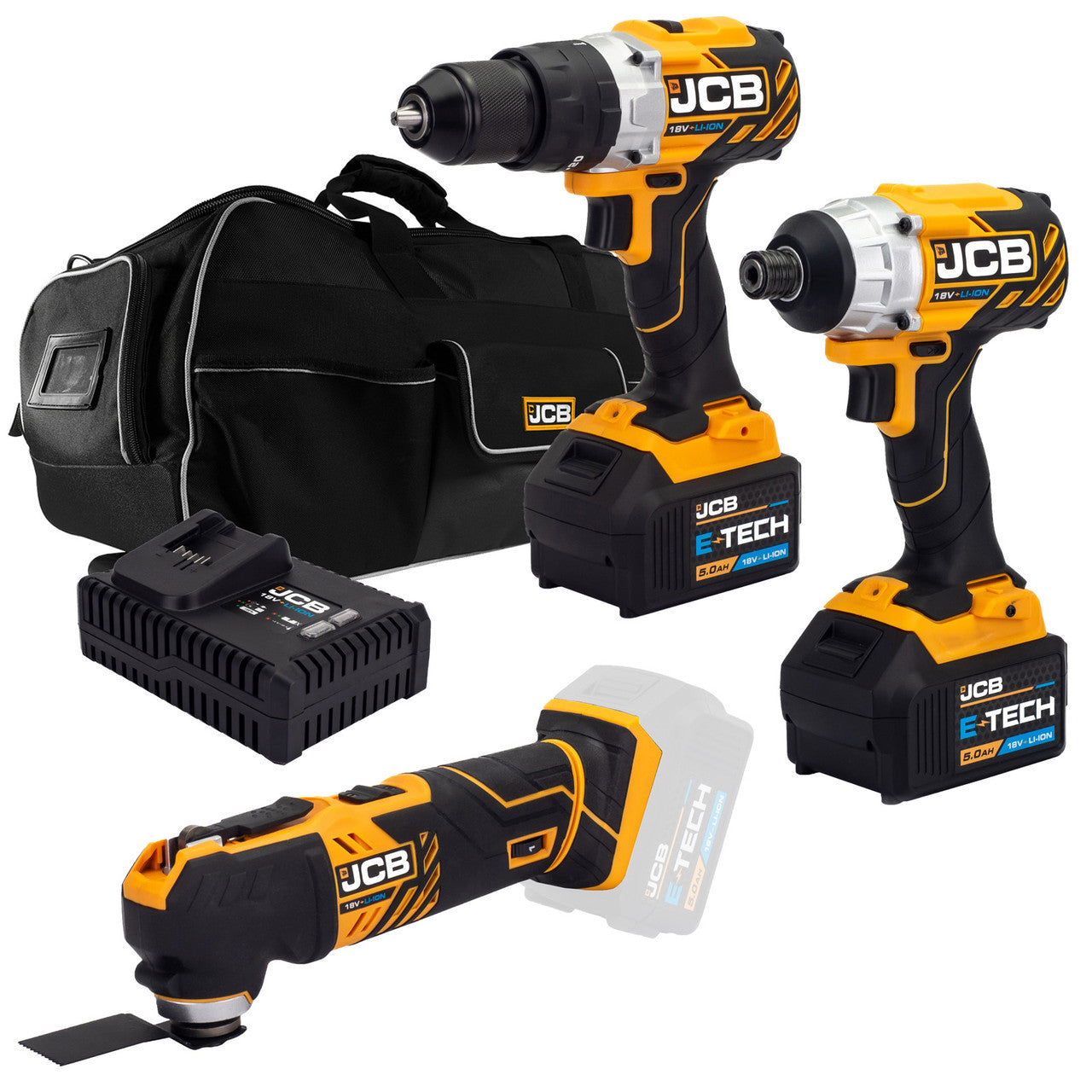JCB 18V Cordless Combi Drill, Impact Driver & Multi-Tool Kit, 2x 5.0Ah Li-Ion Batteries, Charger, 26'' Kit Bag | 21-18TPKMT-5