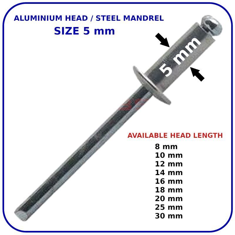 Pop Rivets 5mm Rivet Aluminium Head Steel Mandrel Dome Head Blind Standard