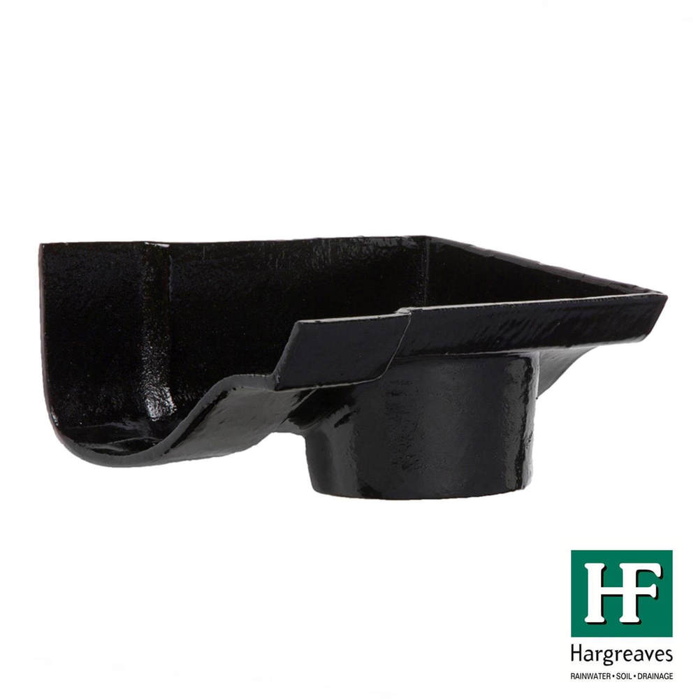 Cast Iron Ogee Gutter Right Hand Stopend Outlet - 115mm for 75mm Downpipe Black