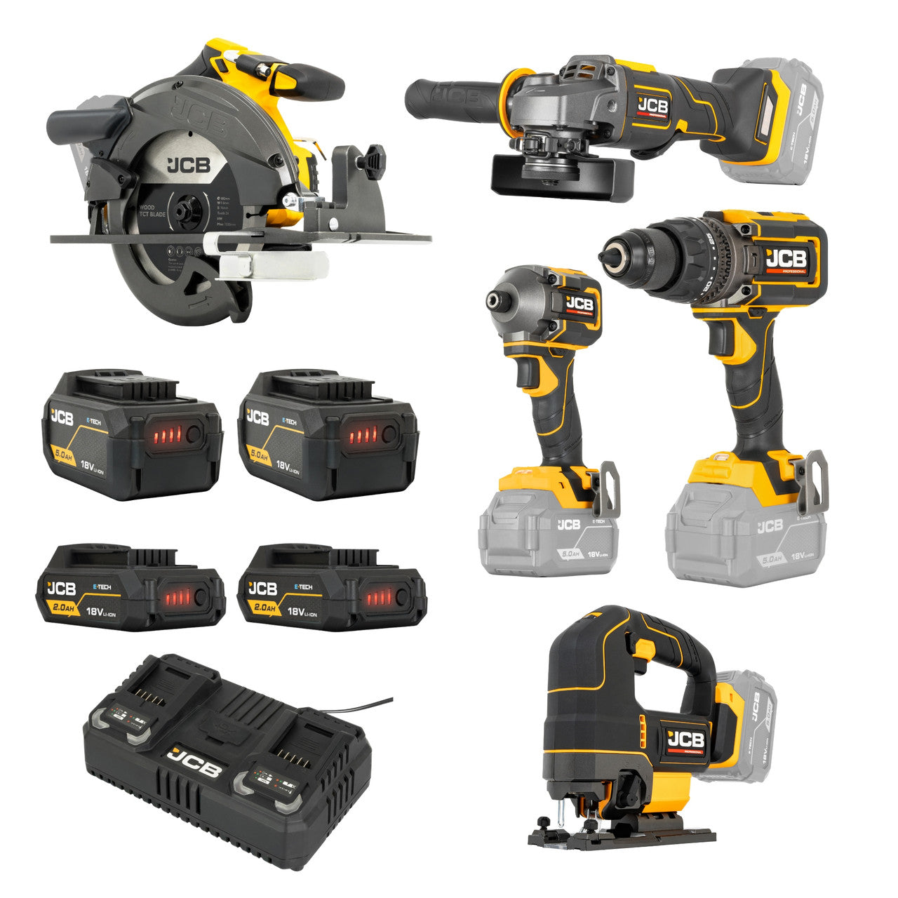 JCB Pro 18V 5-Piece Pro Kit, Combi Drill (160Nm), Impact Driver (230Nm), Circular Saw (185mm), Angle Grinder (115mm), Jigsaw, 2x2Ah & 2x5Ah Batteries, Dual 4.5A Fast Charger & Soft Tool Bag | JCB-18PKIT-8