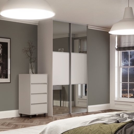Spacepro Beige MFC and Glass Classic Frame Mirror Panel Sliding Doors, Size: 1185x2260mm