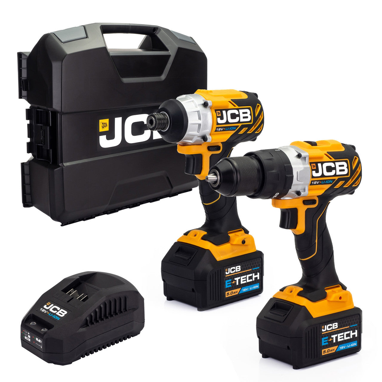 JCB 18V Cordless Drill & Impact Driver Twinpack Kit, Brushless, 2x 5.0Ah Li-Ion Batteries, Charger & W-Boxx 136 | 21-18BL-TPK-5