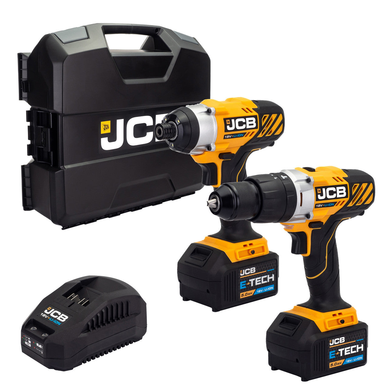JCB 18V Cordless Impact Driver & Combi Drill Twinpack Kit, 2x 5.0Ah Li-Ion Batteries | 21-18TPK-5