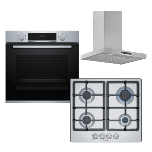 Bosch 994603 Built in Ecoclean Single Oven, Gas Hob and Box Design Chimney Hood Pack