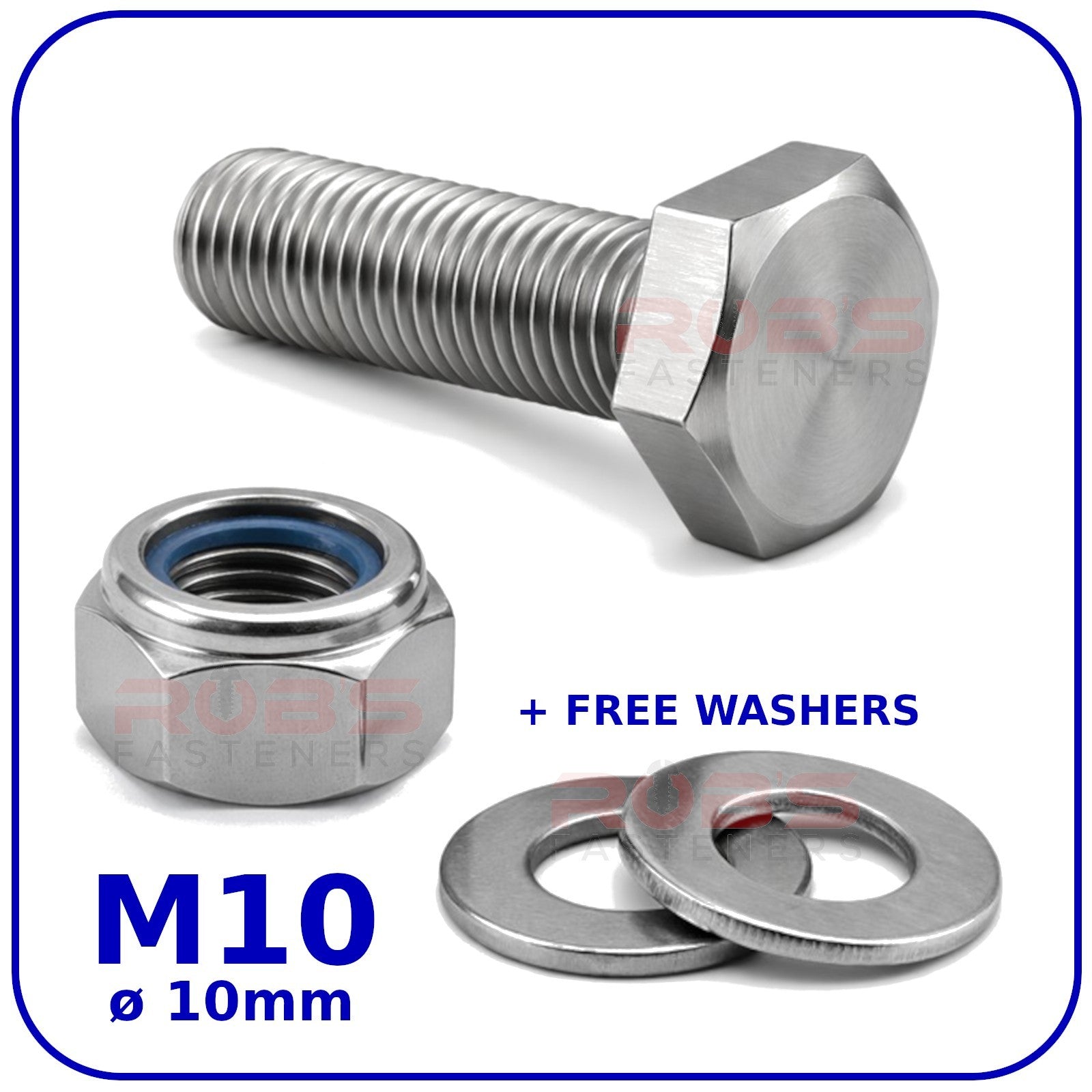 M10 Hex Set Screws Nyloc Nuts and Washers Zinc Plated BZP Full Thread Bolts 8.8