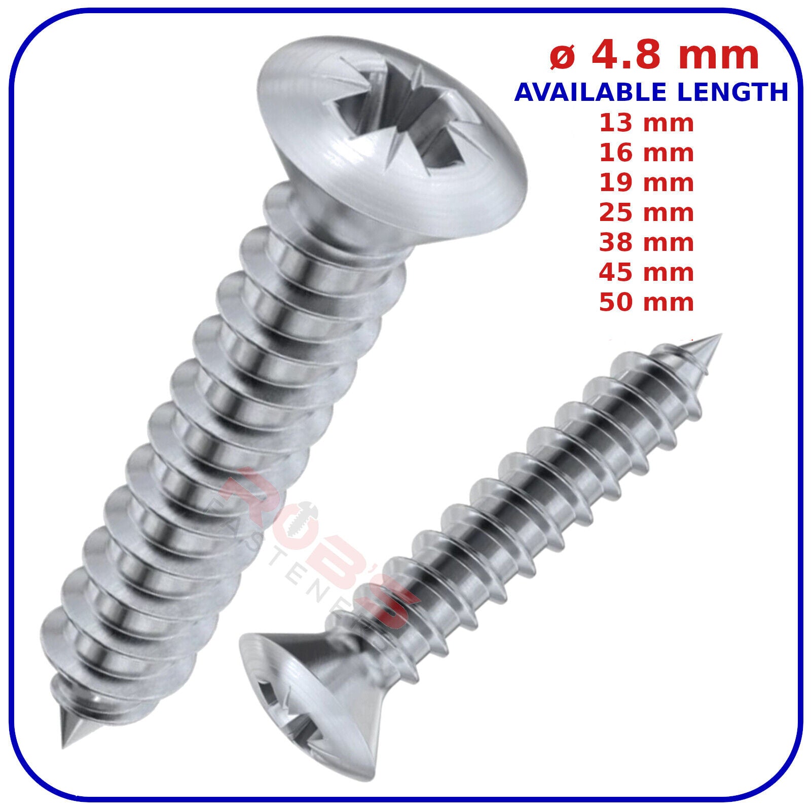 ø 4.8mm SELF TAPPING SCREWS RAISED COUNTERSUNK HEAD POZI ZINC PLATED