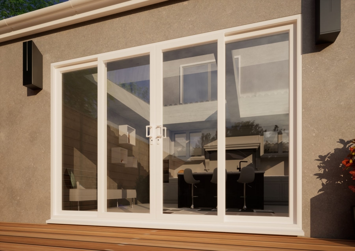PVC Double Sliding Door Part Q Compliant - 3000mm White - 2x Sliding & 2x Fixed Doors