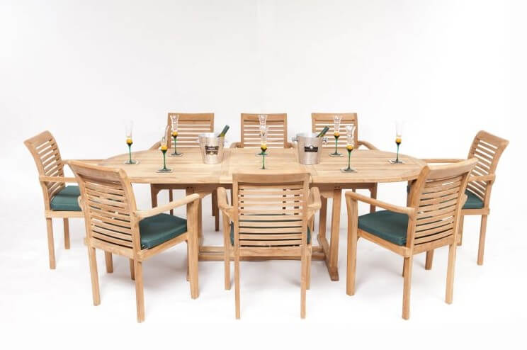 Hanover 8 Seater Oval Teak Dining Set with Stacking Chairs & Cushions