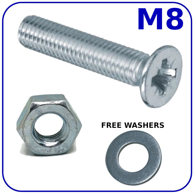 BOLTS AND NUTS M8 (8mm) MACHINE SCREWS COUNTERSUNK ZINC PLATED FREE WASHERS