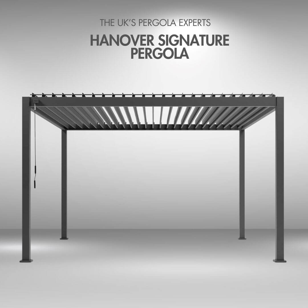 Hanover Signature 3.6M x 3M Bioclimatic Aluminium Pergola in Anthracite Grey – Manual Louvred Roof, Inbuilt Water Drainage System & 15-Year Warranty