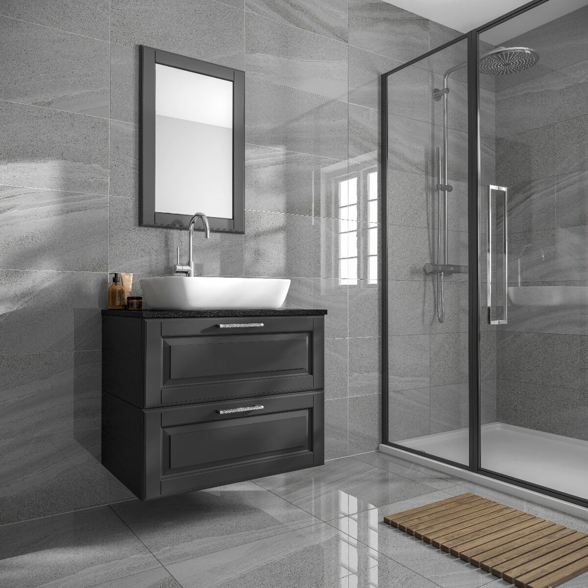 Anderley Dark Grey Polished Glazed Porcelain Wall & Floor Tile 60x60cm