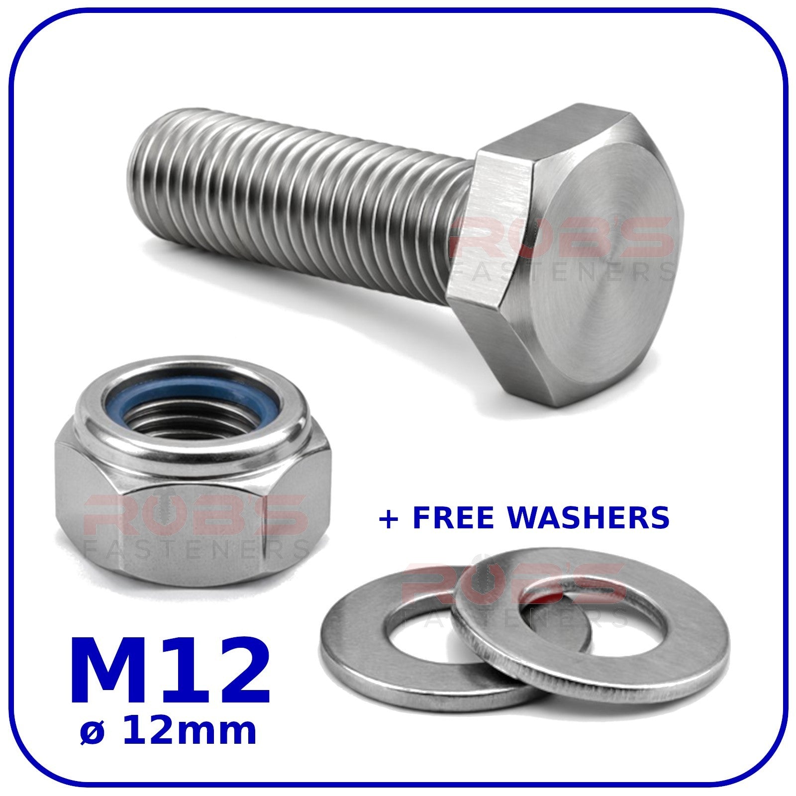 M12 Hex Set Screws Nyloc Nuts and Washers Zinc Plated BZP Full Thread Bolts 8.8