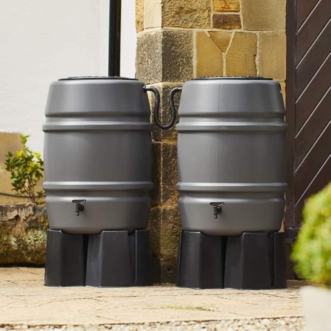 Medium Harcostar 168L Water Butt Double Kit – Stand, Diverter & Hose Tap – Grey, UK Manufactured Recycled Plastic Grey Water Butts Direct