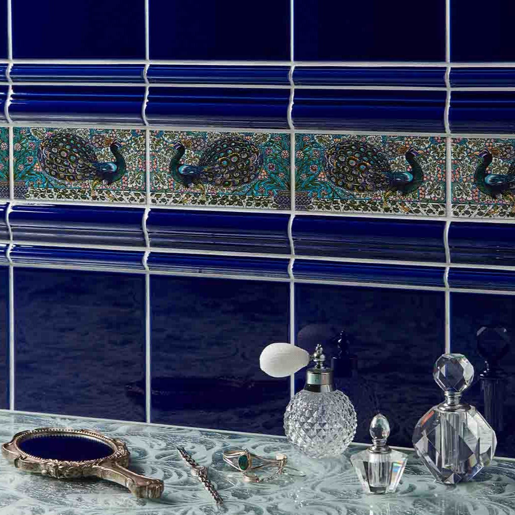 Original Style Artworks William De Morgan Peacock Border 2-Tile Set on Brilliant White
